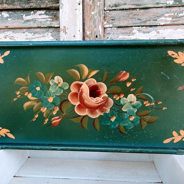 Vintage hand painted wood tole tray shabby cottage roses forget me knots gold accents