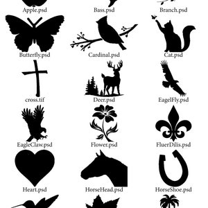 May include: A collection of black and white silhouette images of various objects, including an apple, a fish, a branch, a butterfly, a cardinal, a cat, a cross, a deer, an eagle, a flower, a fleur-de-lis, a heart, a horse head, a horseshoe, a hummingbird, a maple leaf, and a palm tree.