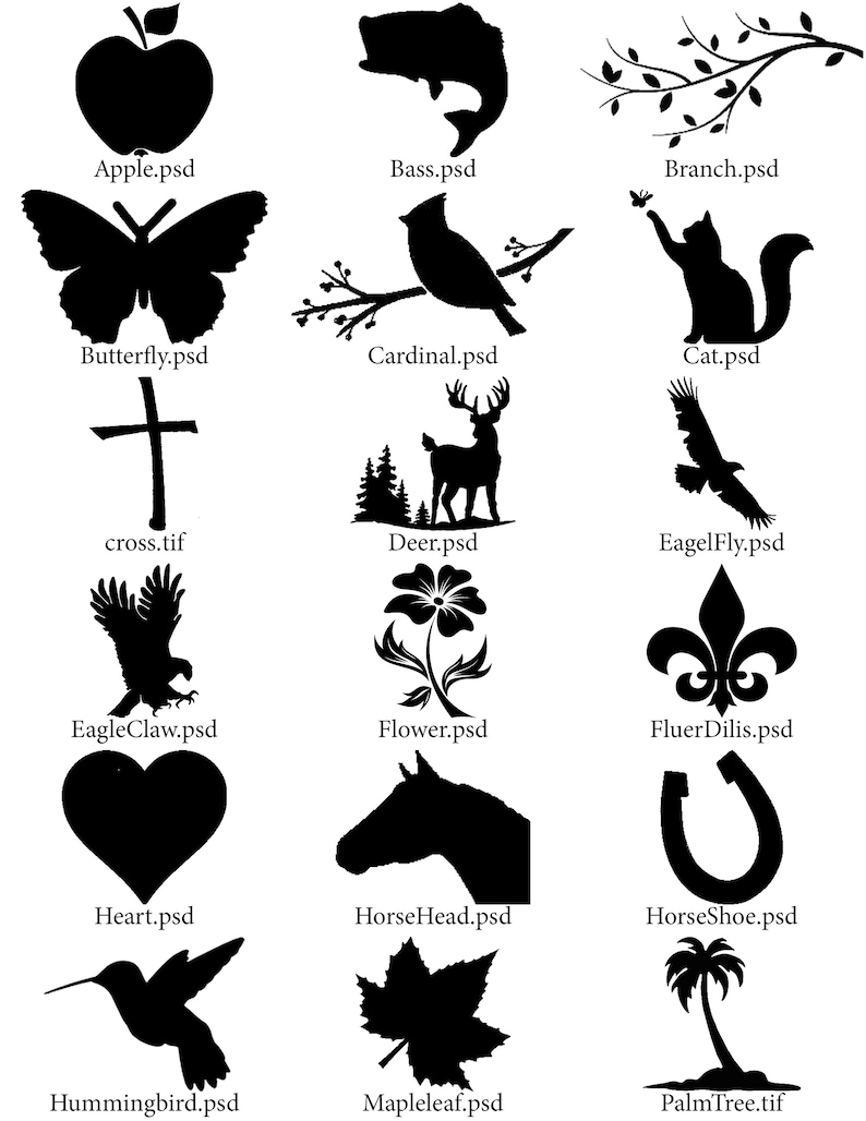 May include: A collection of black and white silhouette images of various objects, including an apple, a fish, a branch, a butterfly, a cardinal, a cat, a cross, a deer, an eagle, a flower, a fleur-de-lis, a heart, a horse head, a horseshoe, a hummingbird, a maple leaf, and a palm tree.