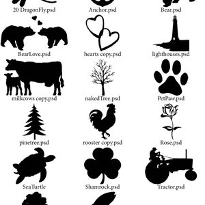 May include: A collection of 16 black and white silhouette images, including a dragonfly, anchor, bear, two bears in love, hearts, lighthouse, two cows, a tree, paw print, pine tree, rooster, rose, sea turtle, shamrock, tractor, and a tree silhouette.
