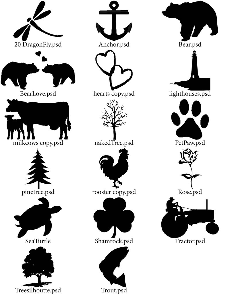 May include: A collection of 16 black and white silhouette images, including a dragonfly, anchor, bear, two bears in love, hearts, lighthouse, two cows, a tree, paw print, pine tree, rooster, rose, sea turtle, shamrock, tractor, and a tree silhouette.