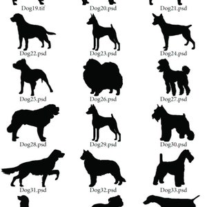 May include: A collection of 16 black and white silhouette images of different dog breeds. The images are arranged in a grid of four rows and four columns. Each image is labeled with the name of the breed and a file extension.