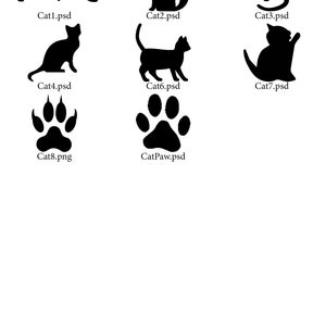 May include: A set of black and white silhouette images of cats in various poses, including sitting, standing, and walking. There is also a black and white silhouette image of a cat paw print.
