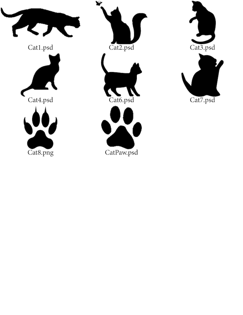 May include: A set of black and white silhouette images of cats in various poses, including sitting, standing, and walking. There is also a black and white silhouette image of a cat paw print.