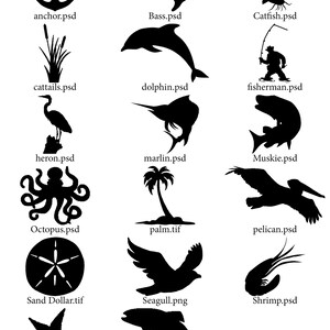May include: A collection of black and white silhouette images of various sea creatures, plants, and objects related to the ocean. The images include an anchor, bass, catfish, cattails, dolphin, fisherman, heron, marlin, muskie, octopus, palm tree, pelican, sand dollar, seagull, shrimp, starfish, and trout.