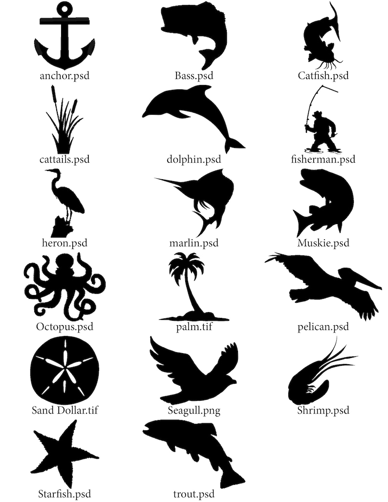 May include: A collection of black and white silhouette images of various sea creatures, plants, and objects related to the ocean. The images include an anchor, bass, catfish, cattails, dolphin, fisherman, heron, marlin, muskie, octopus, palm tree, pelican, sand dollar, seagull, shrimp, starfish, and trout.