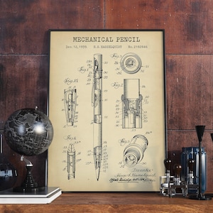 Impresión de patente de lápiz mecánico, regalo de ingeniero, arquitecto y artista, arte de pared para dibujo técnico y decoración geométrica