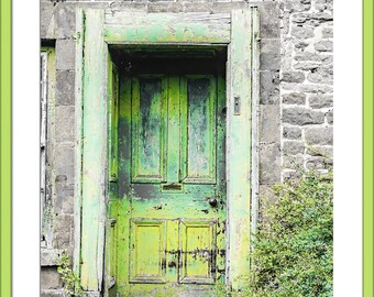 A Green Door. Old Cottage Door with Monochrome Stone Walls. Digital Photo Download in Four Sizes. Print and Enjoy. Instant Digital Download