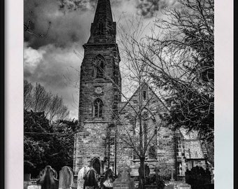 Gothic Church and Graves in Black and White. England. Instant Digital Download in Three Sizes of Photo