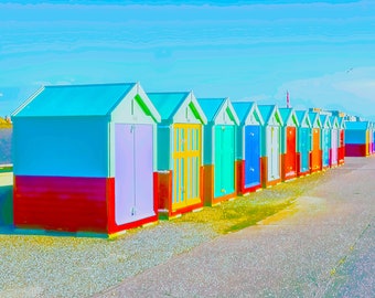 Beach Huts. A Row of Colourful Beach Huts. Two Square Photographs Instant Digital Download. Normal and Amine