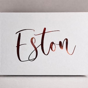 May include: A rectangular white canvas featuring the name Eston written in a metallic copper-colored script font. The lettering has a reflective, foil-like finish that contrasts with the matte white surface of the rectangular board.