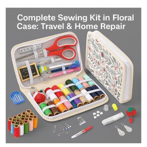 May include: A complete sewing kit in a floral case, ideal for travel and home repair. The kit includes scissors, spools of thread in various colors, needles, pins, and other sewing essentials. The case is beige with a floral pattern.