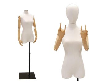 Premium Adjustable Dress Form – Female Mannequin with Wooden Arms & Linen Cover
