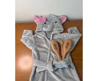 Baby Bathrobe and Brush Set – Plush Animal Hooded Robe + 3-Piece Comb & Brush – Soft, Snuggly, Gift-Ready