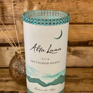 Alta Luna Sauvignon Blanc Wine bottle Candle Home Bar Decor wine lovers gift Be My Bridesmaid bachelorette decor Hostess Gift Turquoise deco