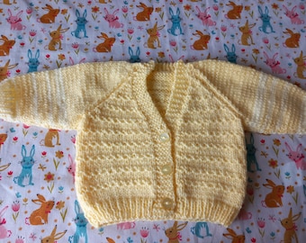 Handmade Knitted Baby Cardigan ,Yellow with Cream Cuffs and Stripes