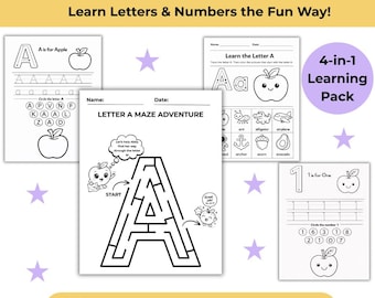 Alphabet Worksheets Bundle for Kids, Letter Tracing A-Z, Number Tracing 0-10, Preschool Learning Activities, Coloring Pages, Mazes