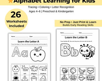 Alphabet Worksheets A–Z | Preschool Learning Printable | Letter Tracing & Phonics | Kindergarten Activity | Ages 4–6 PDF