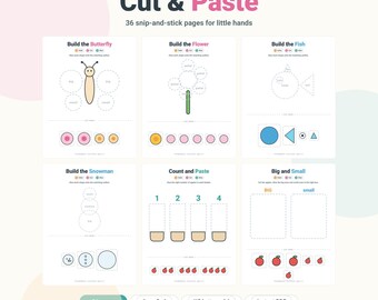 Cut and Paste Worksheets for Preschool & Toddlers | 36 Page Montessori Printable | Scissor Skills Fine Motor Activity | Ages 2-4 PDF