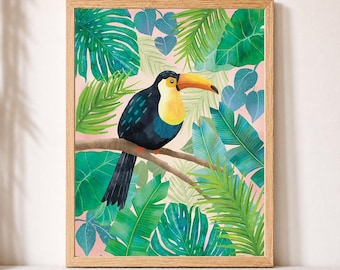 Muurdecoratie met toekan / Tropische toekanprint / Aquarel toekan / Muurdecoratie met tropische bladeren / Jungle natuurprint