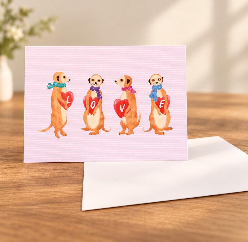 May include: A rectangular greeting card with a light pink background featuring thin white horizontal stripes. Four illustrated meerkats wearing colorful scarves are standing in a row, each holding a red heart with the letters L, O, V, E.