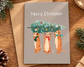 Meerkat Christmas Card / Cute Animal Holiday Card / Hand Drawn Christmas Greeting Card / 5x7 Folded Card with Kraft Envelope