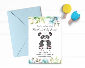 panda bear baby shower invite, cute panda baby shower invite, watercolor panda baby shower invitation, panda with green leaf invite