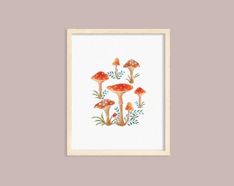 Red mushroom art print, cute mushroom art print