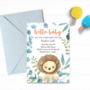 Kleine Löwe Babyparty Einladung, süße Löwe Babyparty Einladung, Löwe und Pflanzen BabyParty Einladung, Aquarell Löwe Baby Shower Einladung