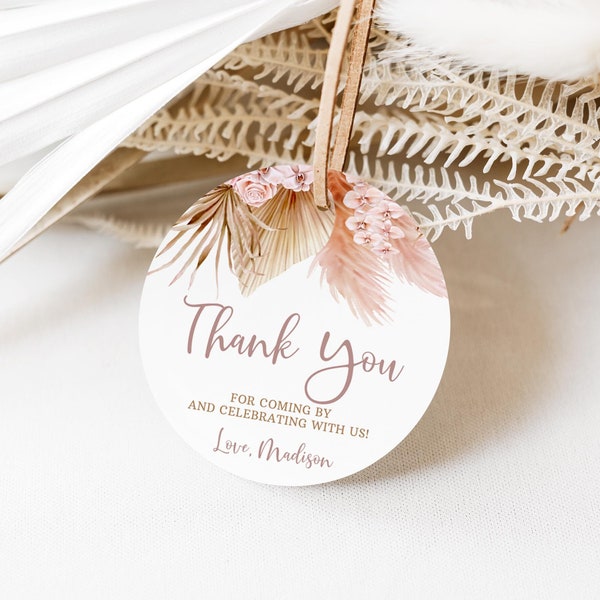 Boho 1st Birthday Thank You Tag, Pampas Grass Birthday Favor Tag, Bohemian Party Gift Tag Editable Template