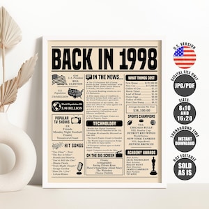 Back in 1998 Sign, 25th Birthday Newspaper Poster, Birthday Gift for Women or Men, Born in 1998 Birthday Decor Printable Instant Download