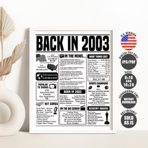 Back in 2003 Sign, 20th Birthday Newspaper Poster, Born in 2003 Birthday Decorations Printable Instant Download