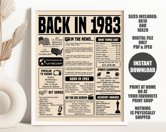 Back in 1983 Sign, 40th Birthday Newspaper Poster, Birthday Gift for Women or Men, Born in 1983 Birthday Decor Printable Instant Download