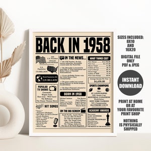 Back in 1958 Sign, 65th Birthday Newspaper Poster, Birthday Gift for Women or Men, Born in 1958 Birthday Decor Printable Instant Download