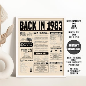 Back in 1983 Newspaper Poster Printable 40th Birthday -  Portugal