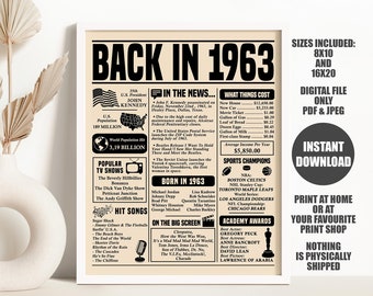 Back in 1963 Sign, Birthday Newspaper Poster, Birthday Gift for Women or Men, Born in 1963 Birthday Decorations Printable Instant Download