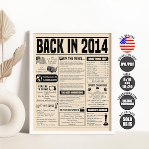 Back in 2014 Sign, 2014 Birthday Newspaper Poster, Born in 2014 Birthday Decorations Printable Instant Download