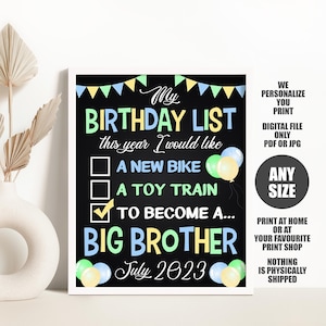 Birthday Big Brother Announcement Chalkboard Sign, Birthday Checklist Pregnancy Announcement Poster, Baby Number 2 Sign Printable
