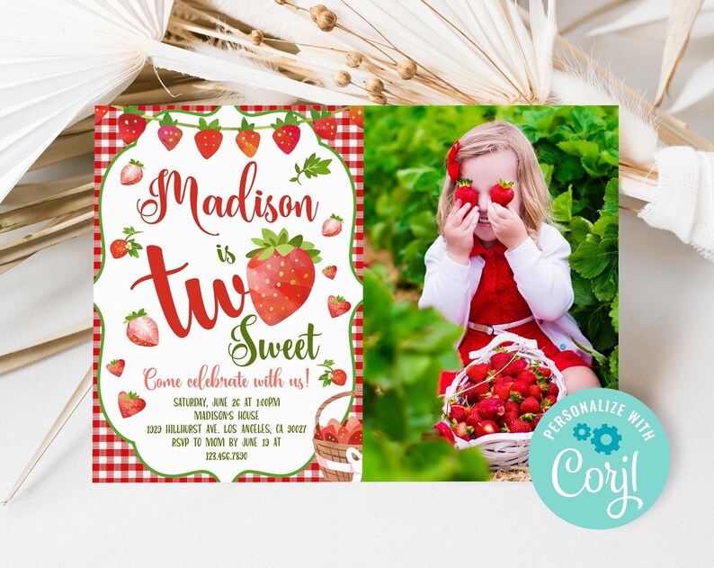Strawberry Two Sweet Birthday Invitation Editable Strawberry Girl 2nd Birthday Party Invite Summer Sweet Berry Birthday