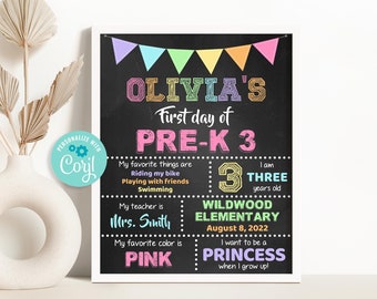 1st Day of Pre K Chalkboard Sign Editable First Day of School Sign Back to School Sign Template Girl First Day of Kindergarten Sign