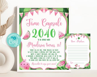 Pink Watermelon Birthday Time Capsule Sign, One in a Melon Time Capsule Card, Watermelon 1st Birthday Party Decorations Editable Template