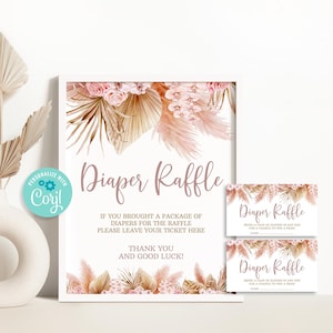 Editable Boho Diaper Raffle Sign, Pampas Grass Diaper Raffle Card, Bohemian Baby Shower Party Decor Template