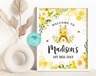 Editable Bee Birthday Welcome Sign, Honey Bee Birthday Party Decor Template