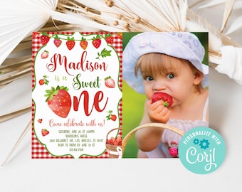 Editable Strawberry 1st Birthday Invitation with Photo, Sweet One Girl Birthday Party Invite, Summer Sweet Berry Birthday Template