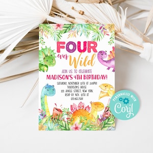 Editable Girl Dinosaurs Four Ever Wild Birthday Invitation, Pink Dino 4th Birthday Party Invite Template