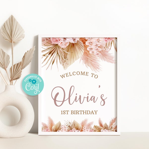 Boho Birthday Welcome Sign, Pampas Grass Birthday Party Decorations, Bohemian Birthday Welcome Sign Editable Template