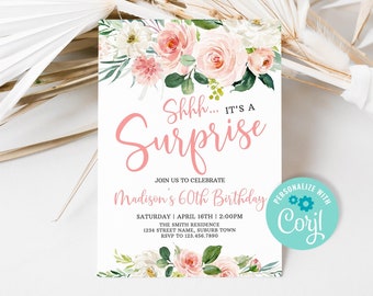 Blush Floral Surprise Birthday Invitation Template (Digital Download)