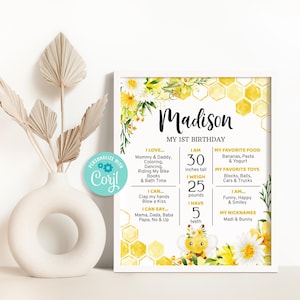 Bee 1st Birthday Milestone Poster Bee Editable Digital Printable Sign