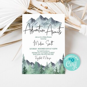 Adventure Awaits Baby Shower Invitation: Woodland Mountains (Editable Template)