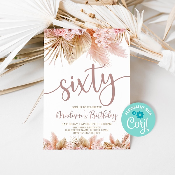 Editable Pampas Grass 60th Birthday Invitation for Women, Boho Sixty Birthday Party Invite, Tropical Floral Birthday Party Template